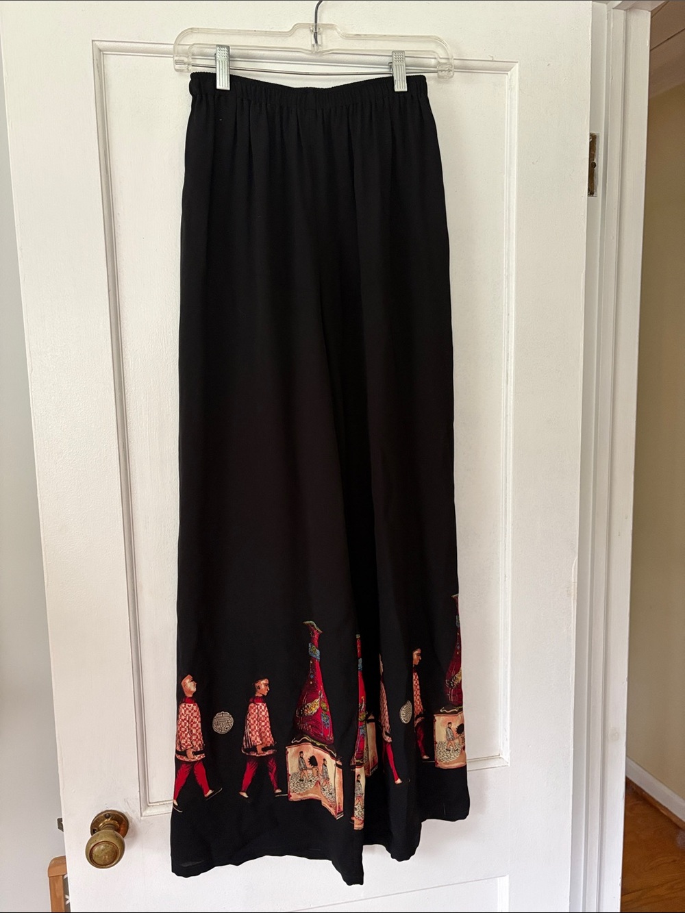 Black Wide-Leg Pants with Colorful Folk Border
